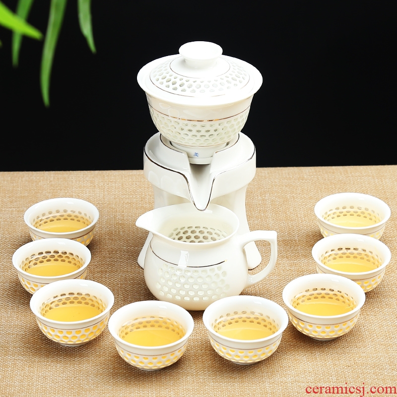 Qin Yi semi-automatic water all ceramic tea set tureen tea cups and exquisite hollow out lazy kung fu tea