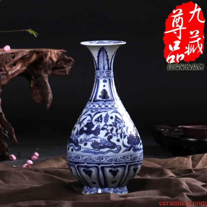 Imitation of yuan blue and white porcelain of jingdezhen ceramics yuanyang lianchi grain okho spring bottle vase household handicraft furnishing articles
