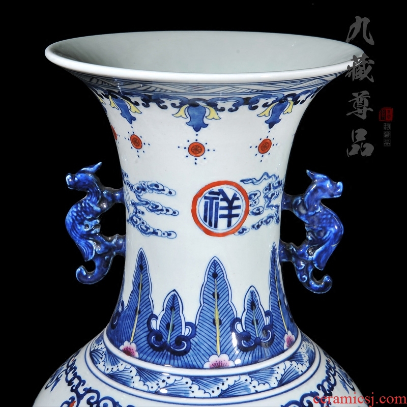 Nine Tibetan Buddha tasted jingdezhen blue and white color bucket ears panlong hand-painted ceramics vase handicraft furnishing articles in the living room