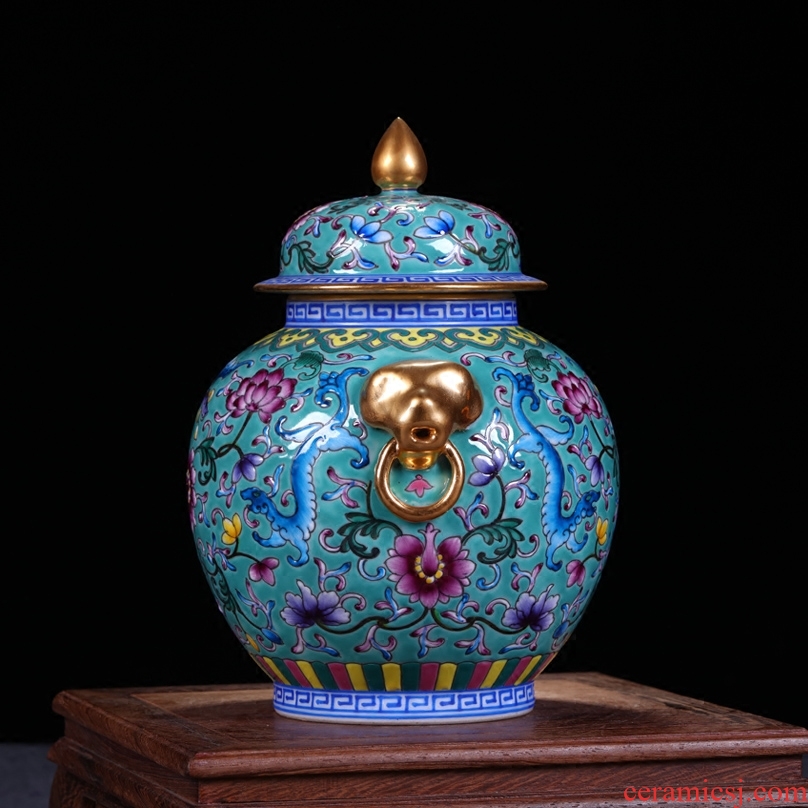 Jingdezhen ceramics archaize qing qianlong trace golden lion ear tank enamel vase Chinese crafts are sitting room