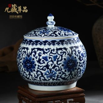 Jingdezhen ceramics antique hand-painted bound branch lines of blue and white porcelain tea pot cover furnishing articles storage tank decoration decoration
