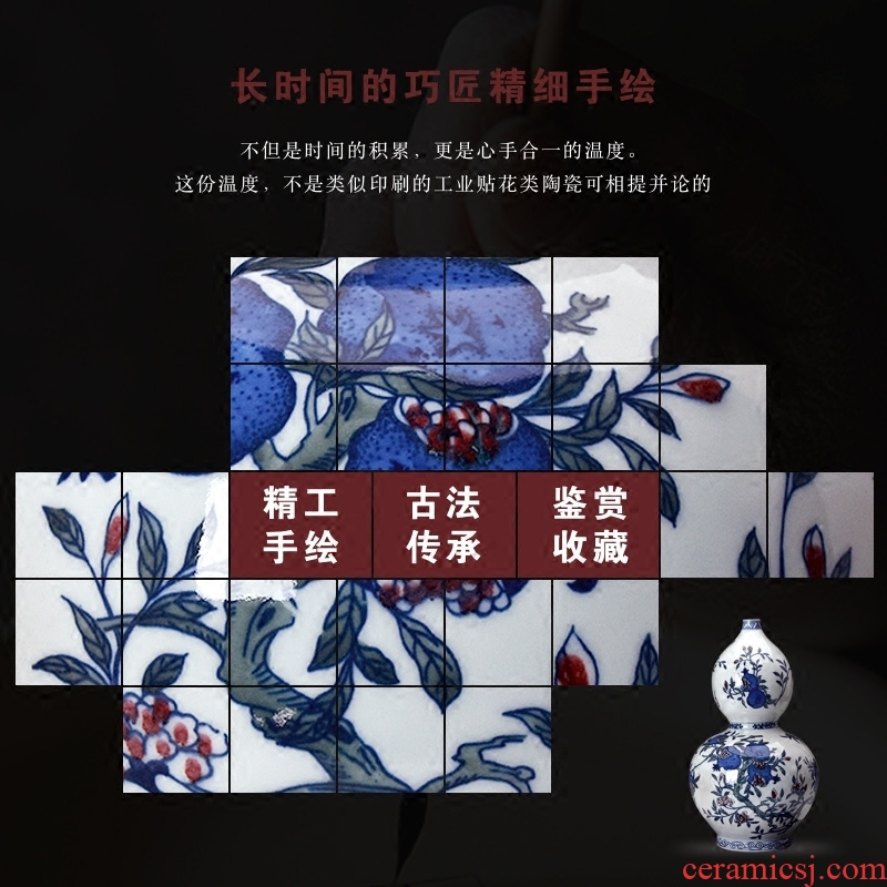 Jingdezhen blue and white youligong hand-painted ceramics vase colorful figure gourd bottle of Chinese style living room three fruit furnishing articles