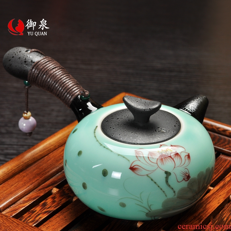 Imperial springs hand-painted celadon little teapot household ceramics single pot of kung fu tea set side put the pot handle pot of tea