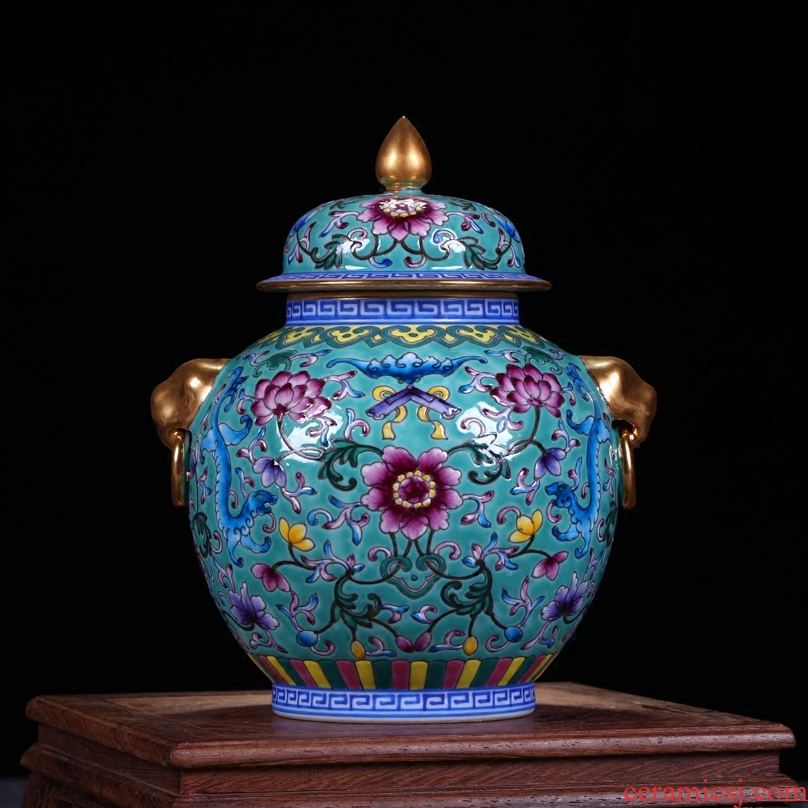 Jingdezhen ceramics archaize qing qianlong trace golden lion ear tank enamel vase Chinese crafts are sitting room