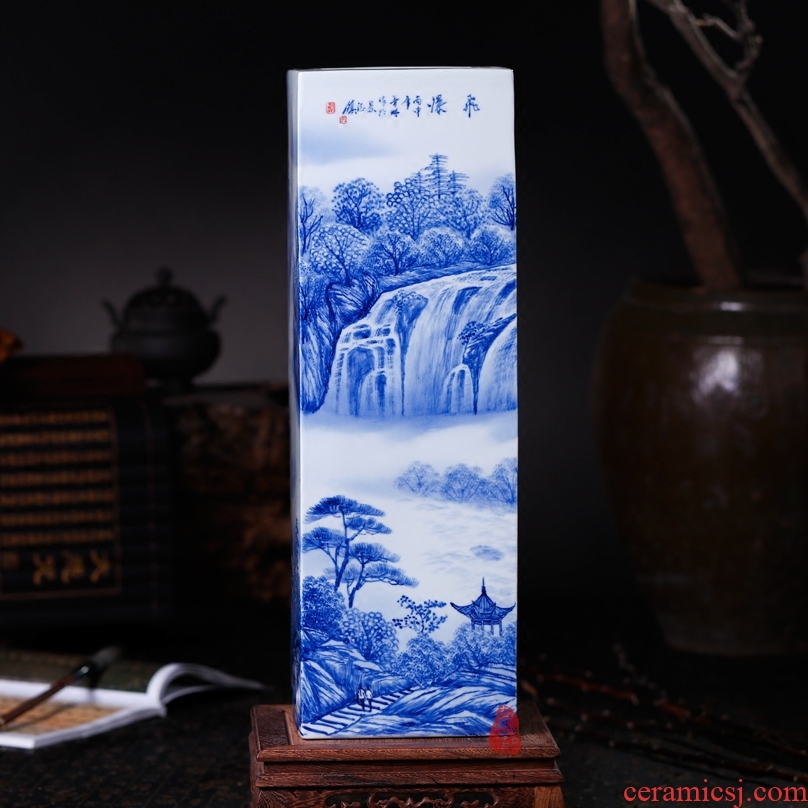 Jingdezhen ceramics hand-painted waterfall landscape painting and calligraphy master cylinder quiver large vases, study of office furnishing articles