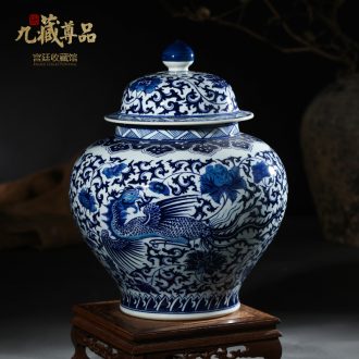 Jingdezhen ceramic vases, antique hand-painted longfeng general put lotus flower pot cover of blue and white porcelain porcelain flowers, furnishing articles