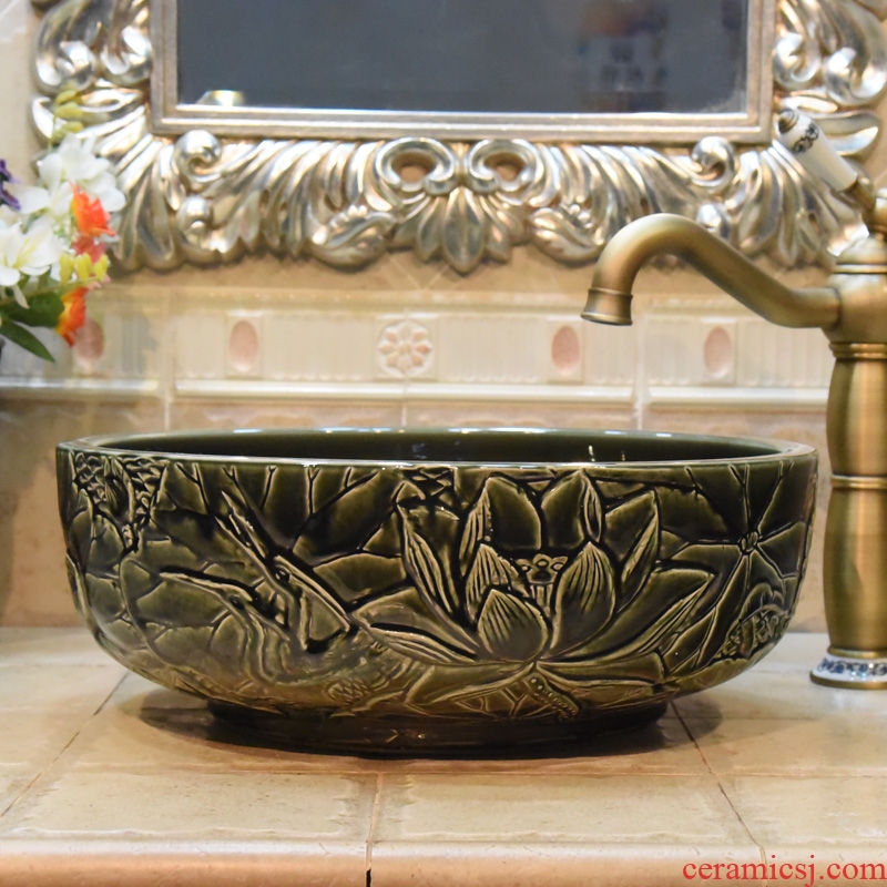 JingYuXuan blackish green deep carved lotus of jingdezhen ceramic art basin bathroom restoring ancient ways the basin that wash a face hand wash basin