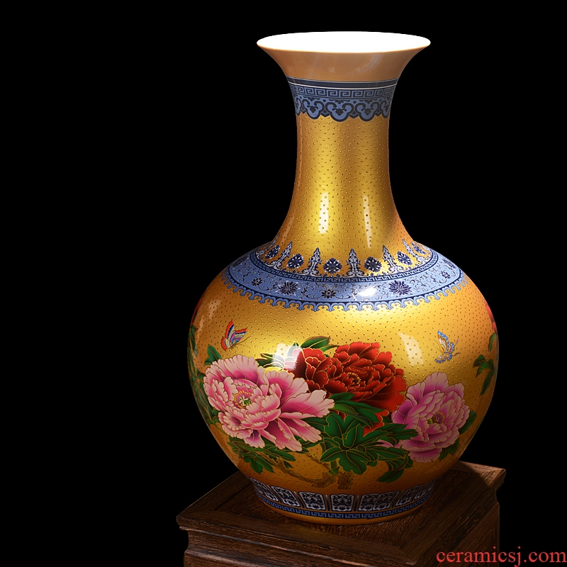 Jingdezhen ceramics colored enamel golden riches and honor peony home decoration vase handicraft furnishing articles in the living room