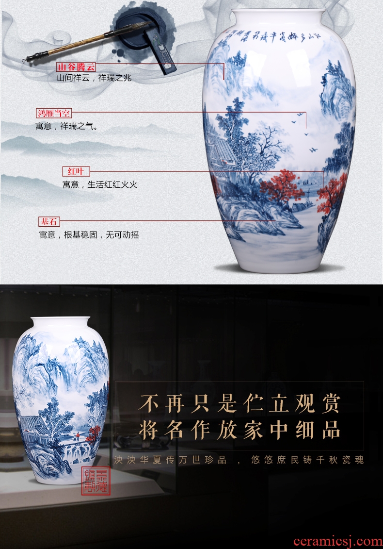 Jingdezhen ceramics master hand painted blue and white porcelain vases, landscape painting of the sitting room porch decoration of new Chinese style furnishing articles
