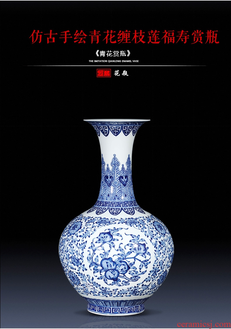 Jingdezhen ceramics imitation qianlong hand-painted blue and white porcelain vases, flower arranging place of the sitting room porch decoration of new Chinese style