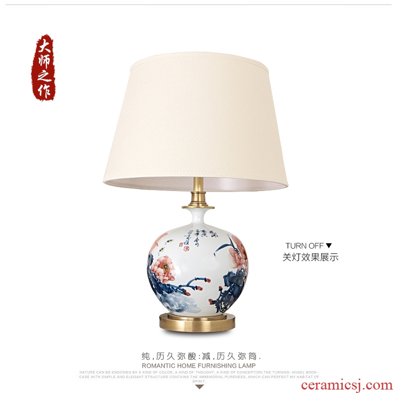 New Chinese style living room lamp jingdezhen blue and white porcelain hand-painted lamp study lamp of bedroom the head of a bed full of copper lamp