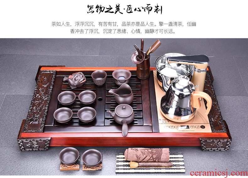 HaoFeng violet arenaceous kung fu tea set suit household ebony wood tea tray tea tea ceramic teapot teacup