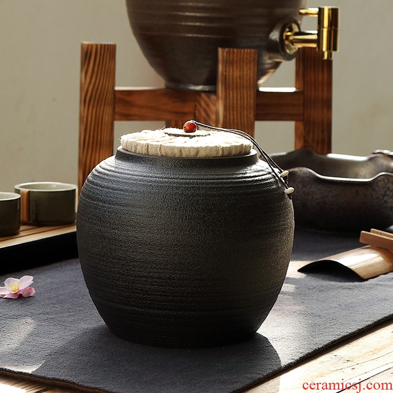 Black pottery morning cheung zen tea canister coarse pottery large firewood seal pot small ceramic wake pu 'er tea packaging