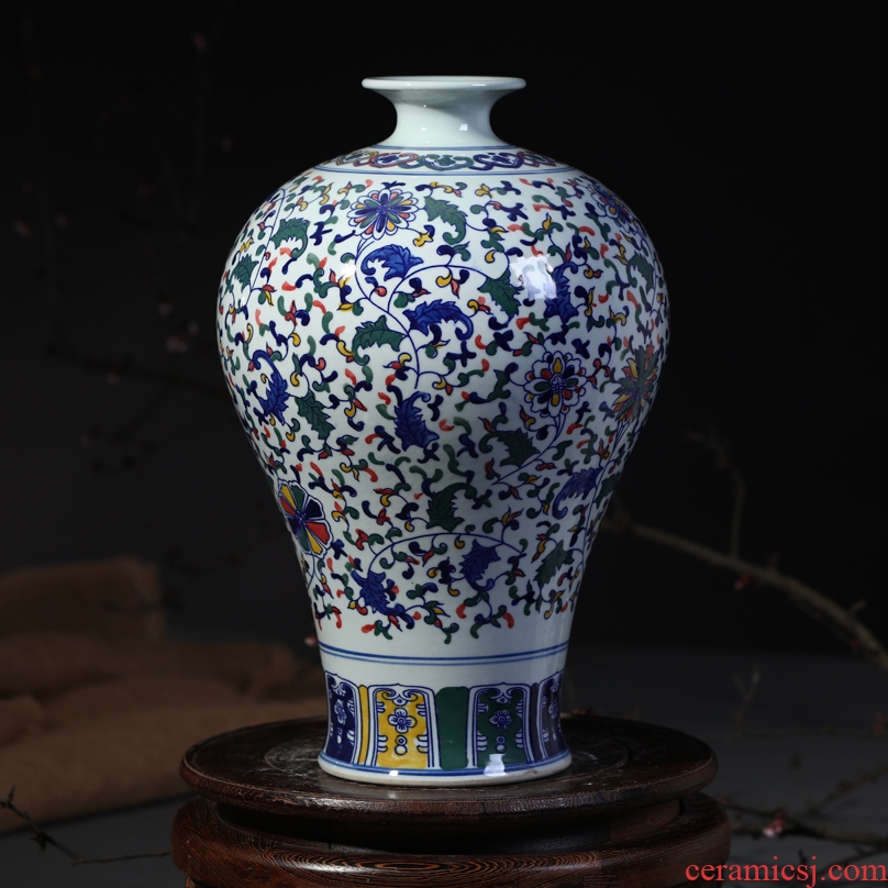 Jingdezhen ceramic flower vases, antique blue and white porcelain lotus flower plum bottle household handicraft furnishing articles