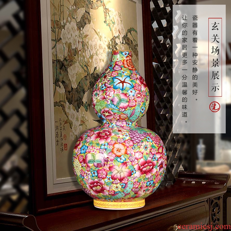 Jingdezhen ceramics hand-painted pastel gourd vases, antique Chinese style living room porch rich ancient frame decorations furnishing articles