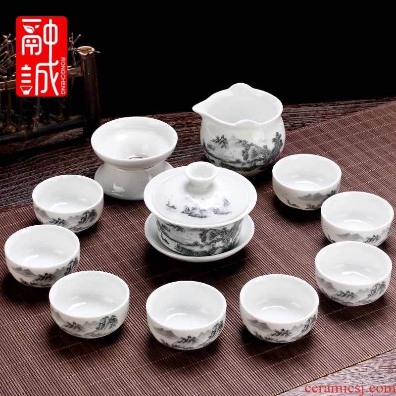 Kung fu tea tea ware ceramic tea set a complete set of blue and white office tureen household white porcelain tea set