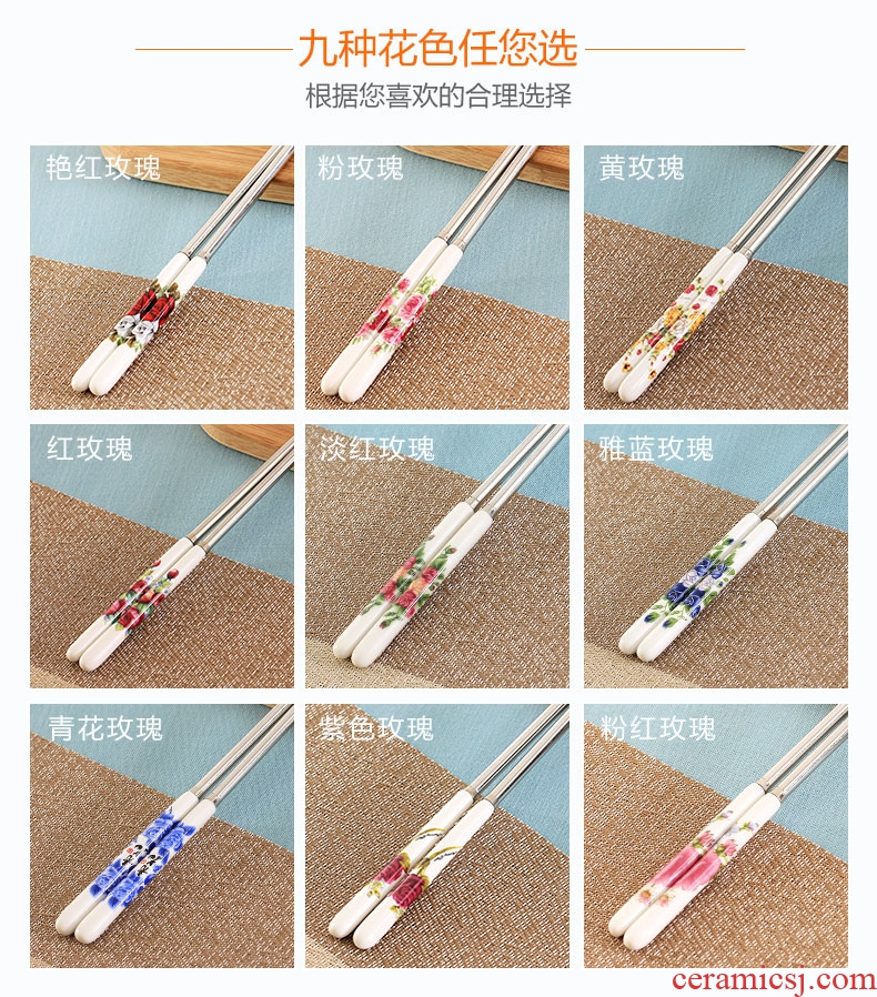 Jingdezhen ceramic handle stainless steel chopsticks insulation mouldproof environmental health chopsticks portable hot resistant to fall flowers