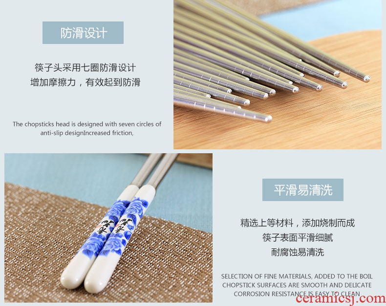 Jingdezhen ceramic handle stainless steel chopsticks insulation mouldproof environmental health chopsticks portable hot resistant to fall flowers