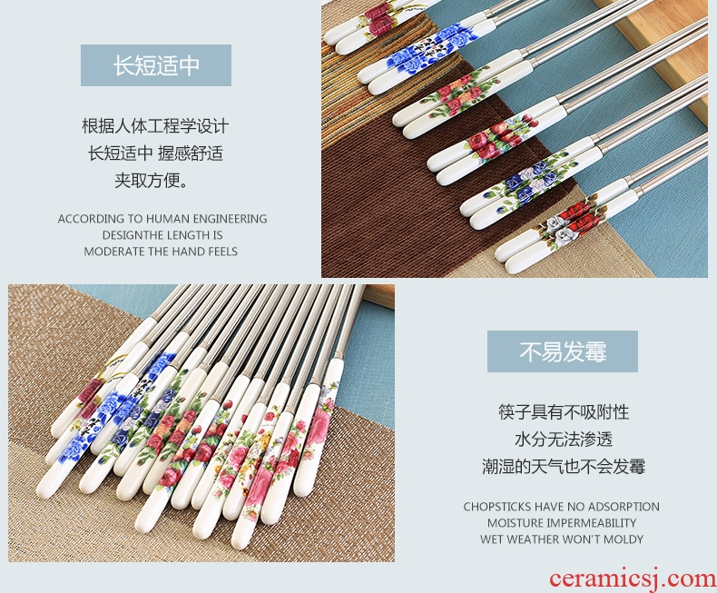 Jingdezhen ceramic handle stainless steel chopsticks insulation mouldproof environmental health chopsticks portable hot resistant to fall flowers