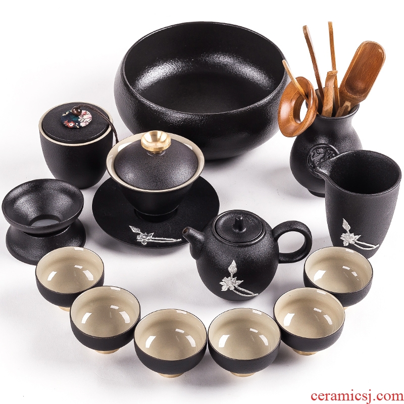 Qin Yi tea set suit household contracted Japanese kung fu tea set of black ceramic teapot teacup black sharply stone tea tray