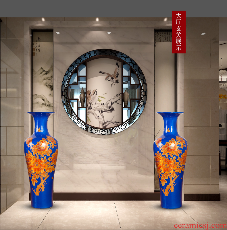 Jingdezhen ceramic floor big red blue vase peony modern Chinese style hotel decoration furnishing articles large living room