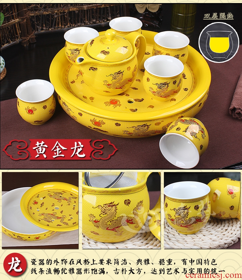 Jade art was set on sale jingdezhen double ceramic kung fu tea set promotion with tea tray and heat insulation