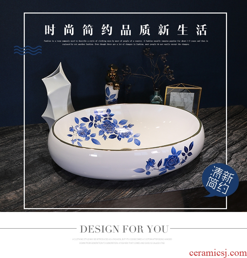 Simple fashion stage basin ceramic lavabo blue roses lavatory oval face basin bathroom art basin