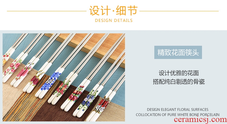 Jingdezhen ceramic handle stainless steel chopsticks insulation mouldproof environmental health chopsticks portable hot resistant to fall flowers