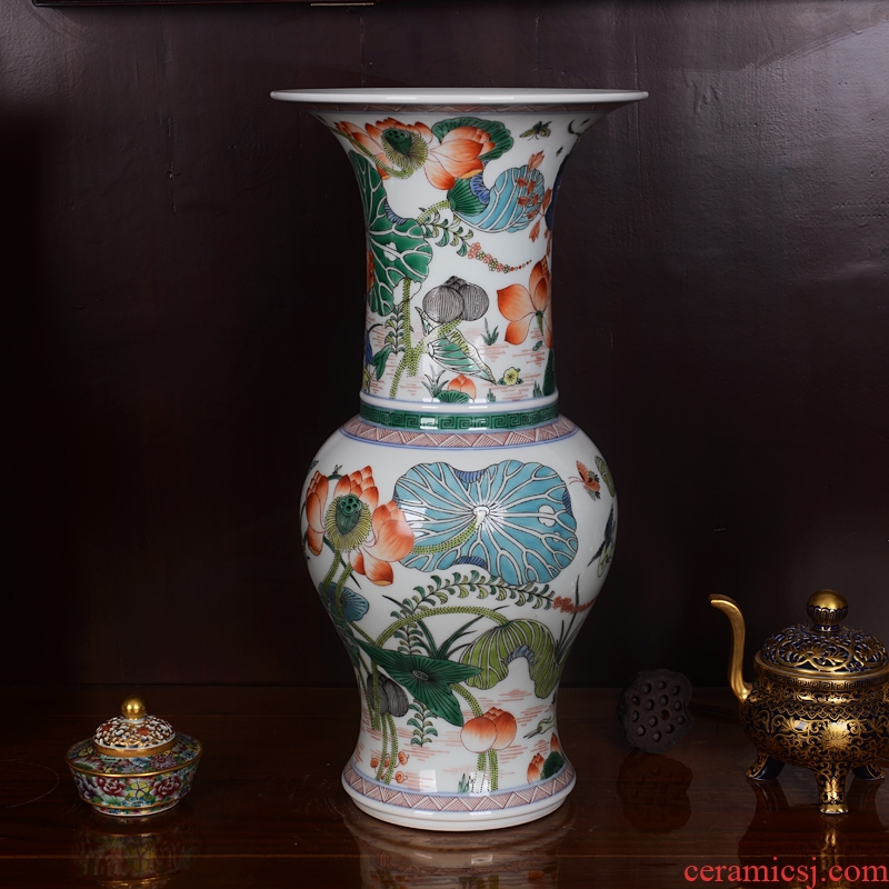 Jingdezhen ceramics imitation qing emperor kangxi colorful lotus heron grain PND tail-on vase household adornment handicraft furnishing articles