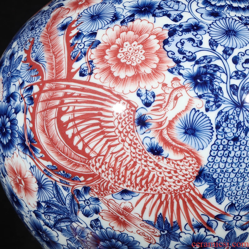 Jingdezhen ceramics imitation qianlong hand-painted blue and white porcelain vase, double phoenix home furnishing articles sitting room