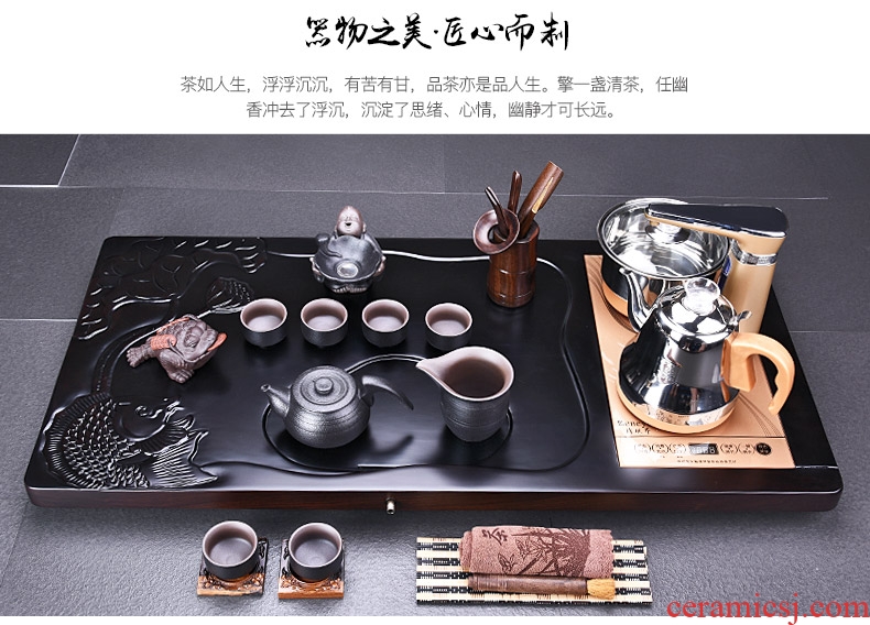 HaoFeng violet arenaceous kung fu tea set suit household ebony wood tea tray tea tea ceramic teapot teacup