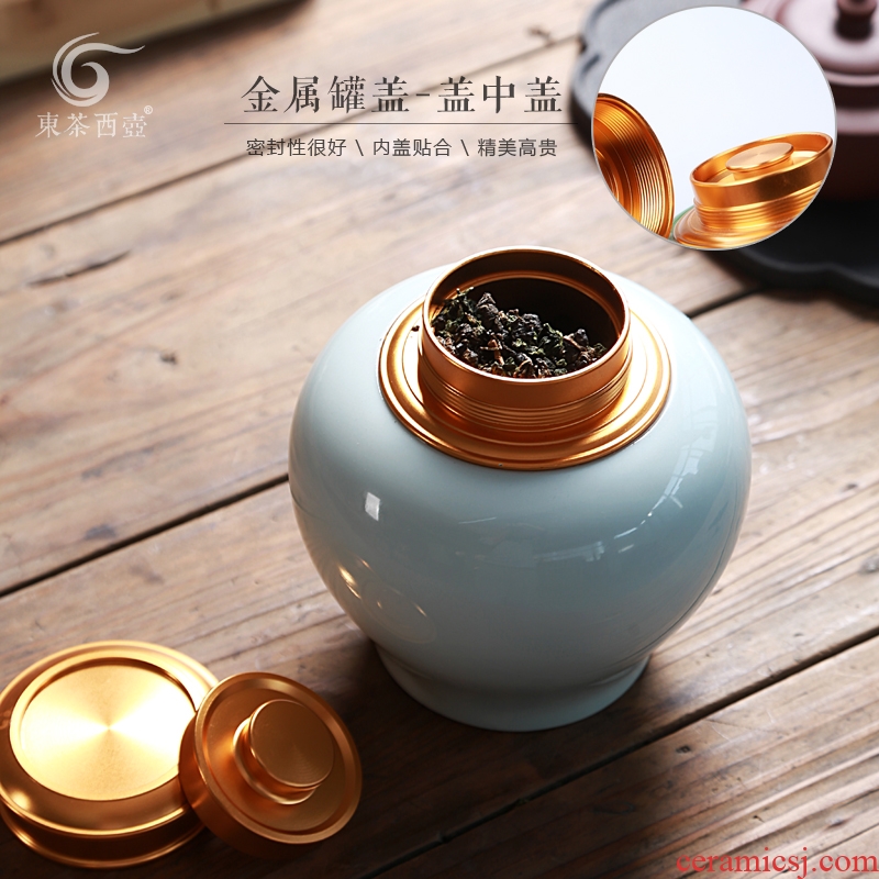 East west pot of tin lid sealed cans ceramic tea warehouse celadon tea urn puer tea pot metal in the cover cover caddy