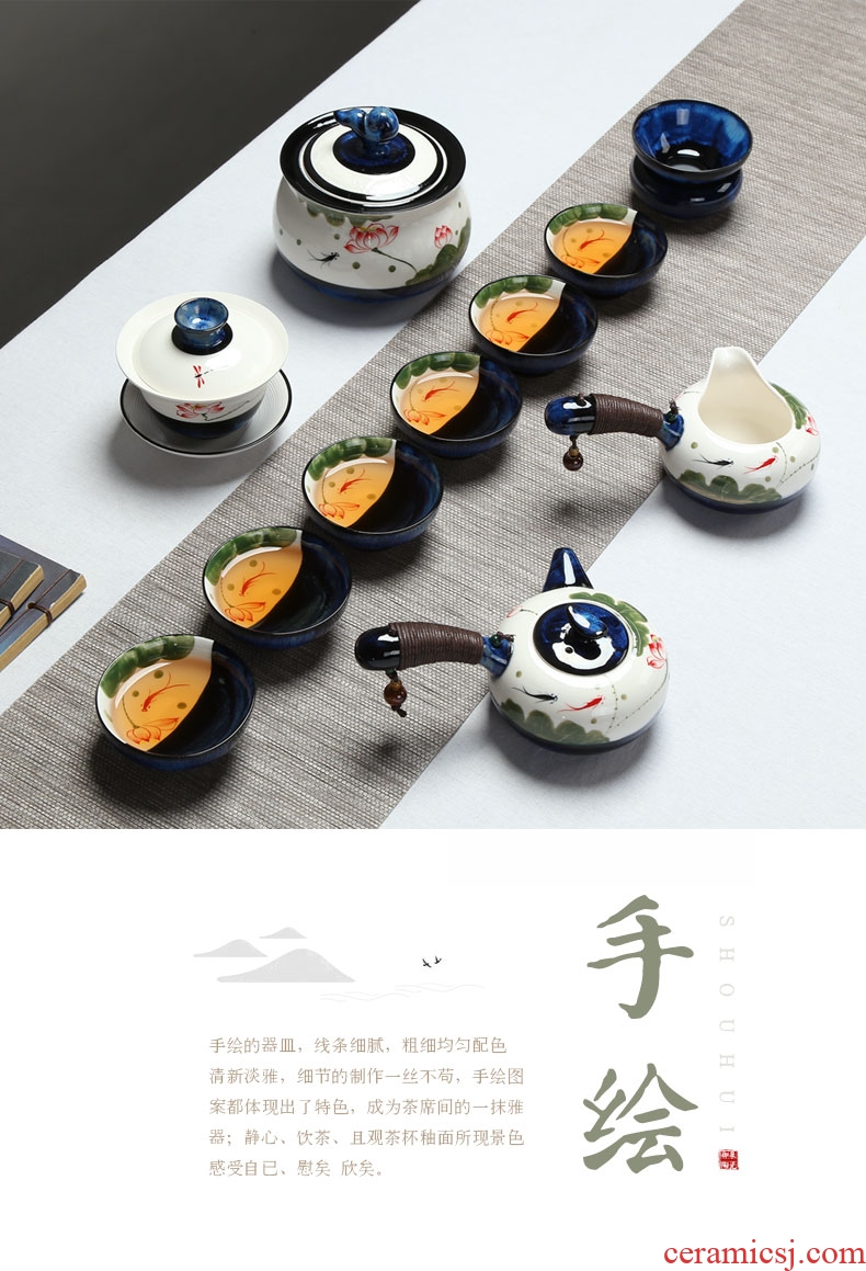 Imperial springs tureen ceramic kung fu tea set suit household contracted hand-painted Japanese tea ceremony kiln teapot tea cups