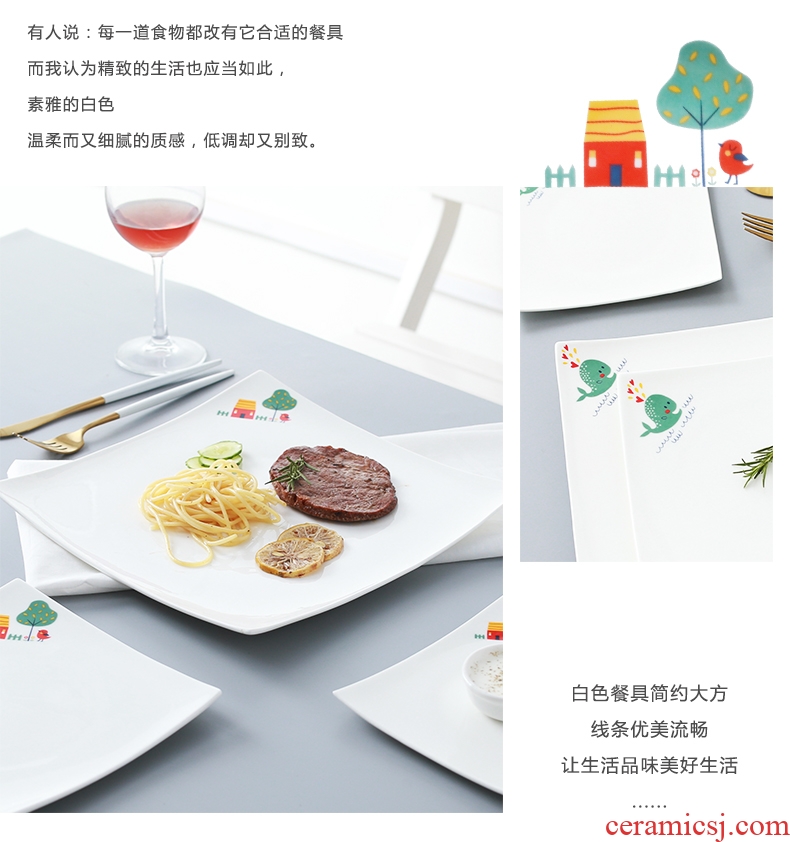 Steak plate plate suit ceramic bone China pure white square creative western food of flat dish plate all the tableware of household