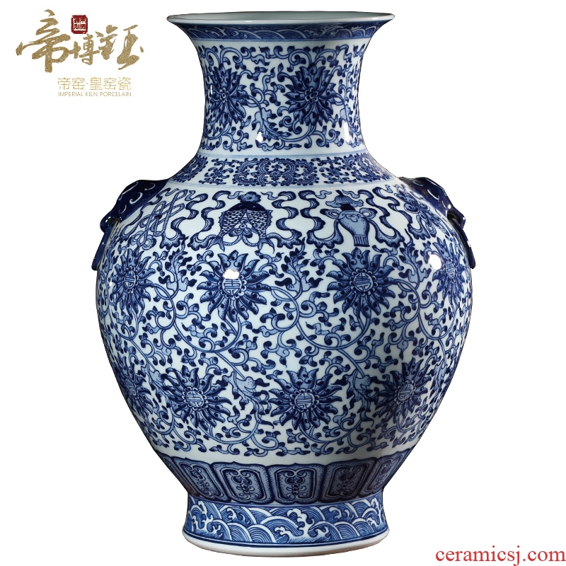 Jingdezhen ceramics imitation qing qianlong blue tie up lotus flower sweet Chinese style household wealth vase and furnishing articles ornament