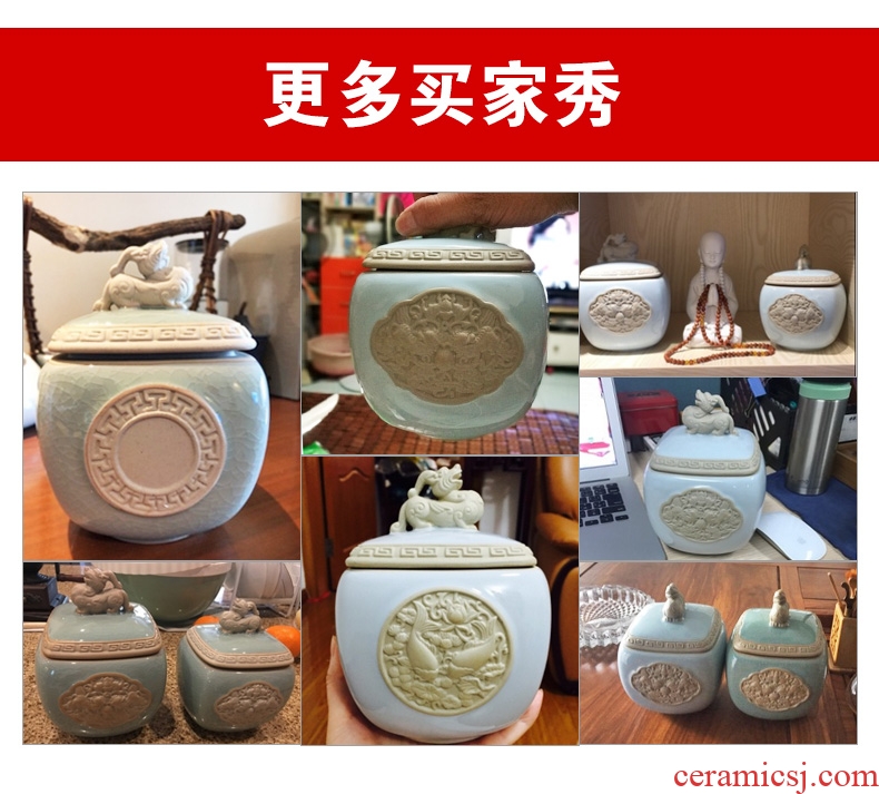 The great east west tea pot size ceramic POTS guanyao anaglyph kirin celadon seal Chinese black tea caddy size