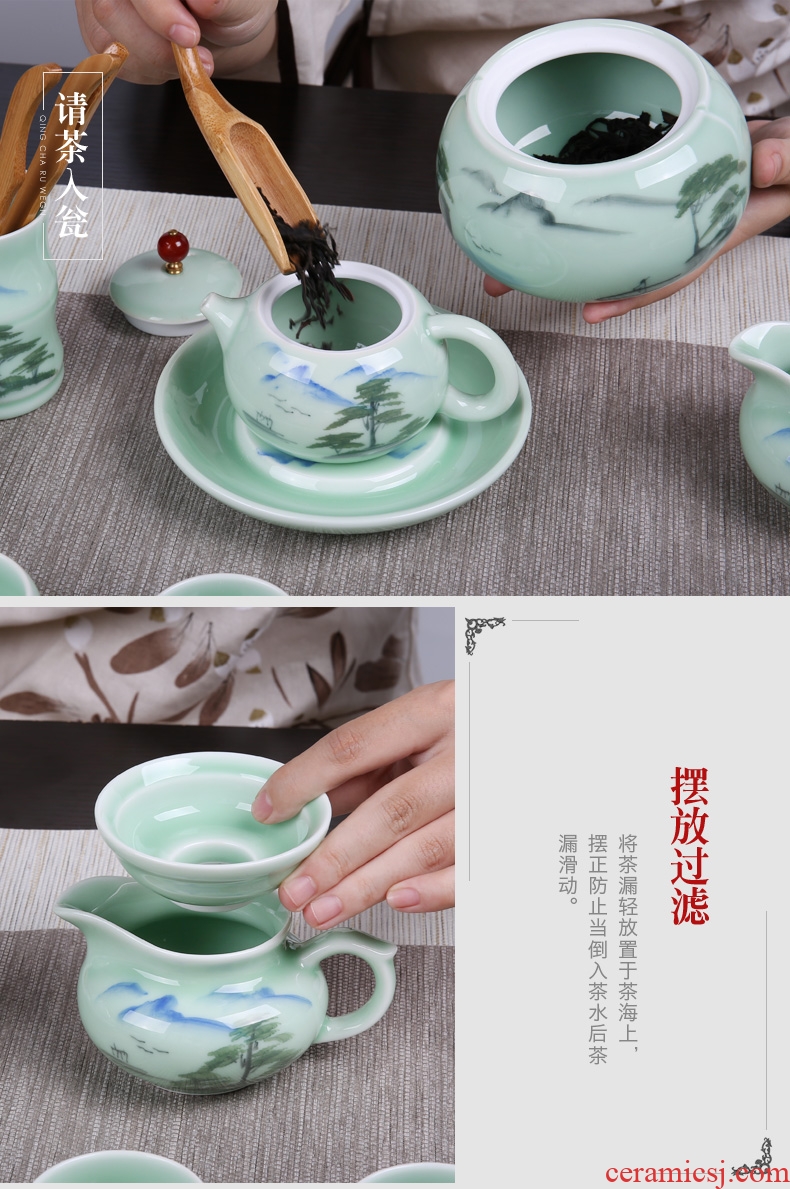 In the tang dynasty celadon hand-painted kung fu tea set ceramic teapot teacup 6 gentleman tea ceremony of a complete set of Japanese household