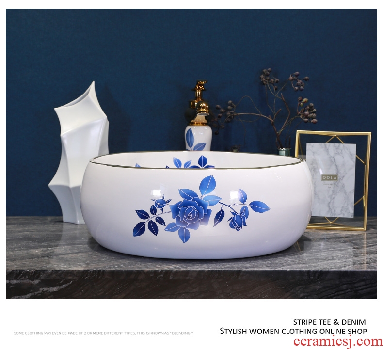 Simple fashion stage basin ceramic lavabo blue roses lavatory oval face basin bathroom art basin