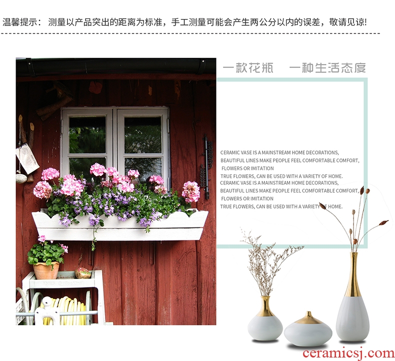 Jingdezhen ceramic fine mouth vase boreal Europe style decoration flower arranging small mouth edge golden white porcelain furnishing articles the living room