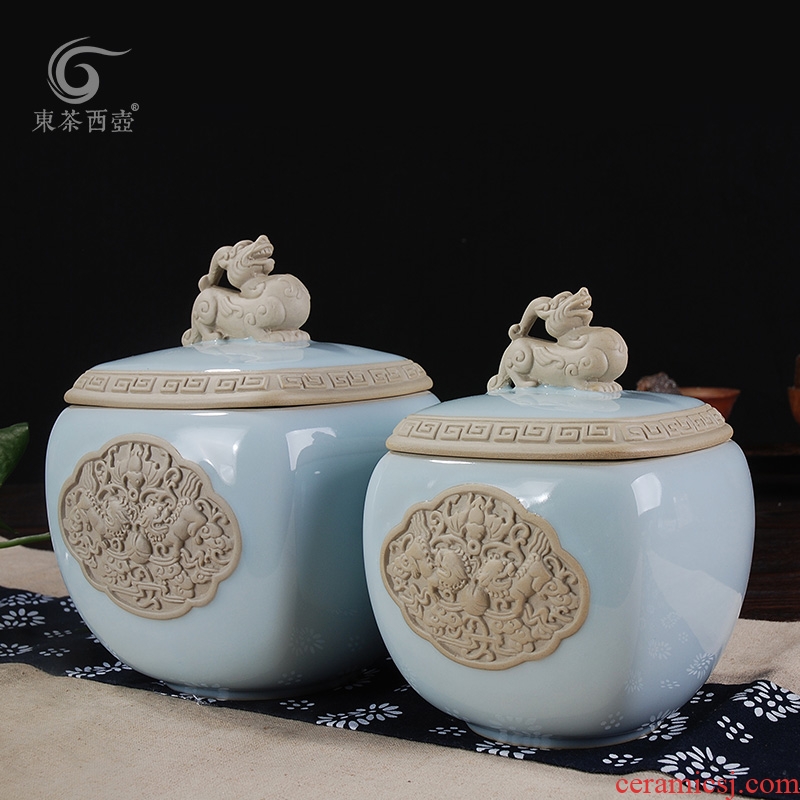 The great east west tea pot size ceramic POTS guanyao anaglyph kirin celadon seal Chinese black tea caddy size