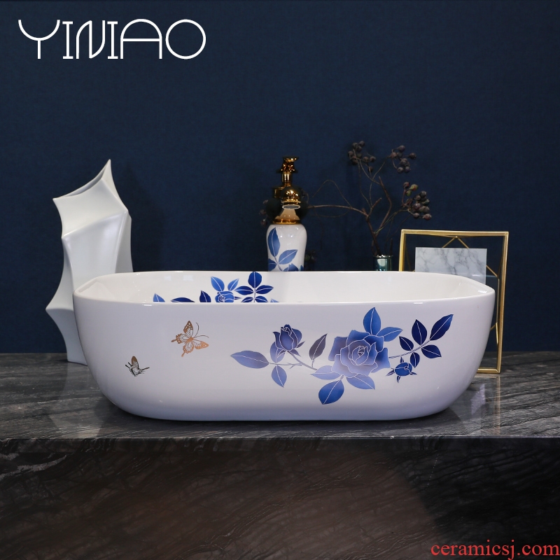 Simple fashion stage basin ceramic lavabo blue roses lavatory oval face basin bathroom art basin