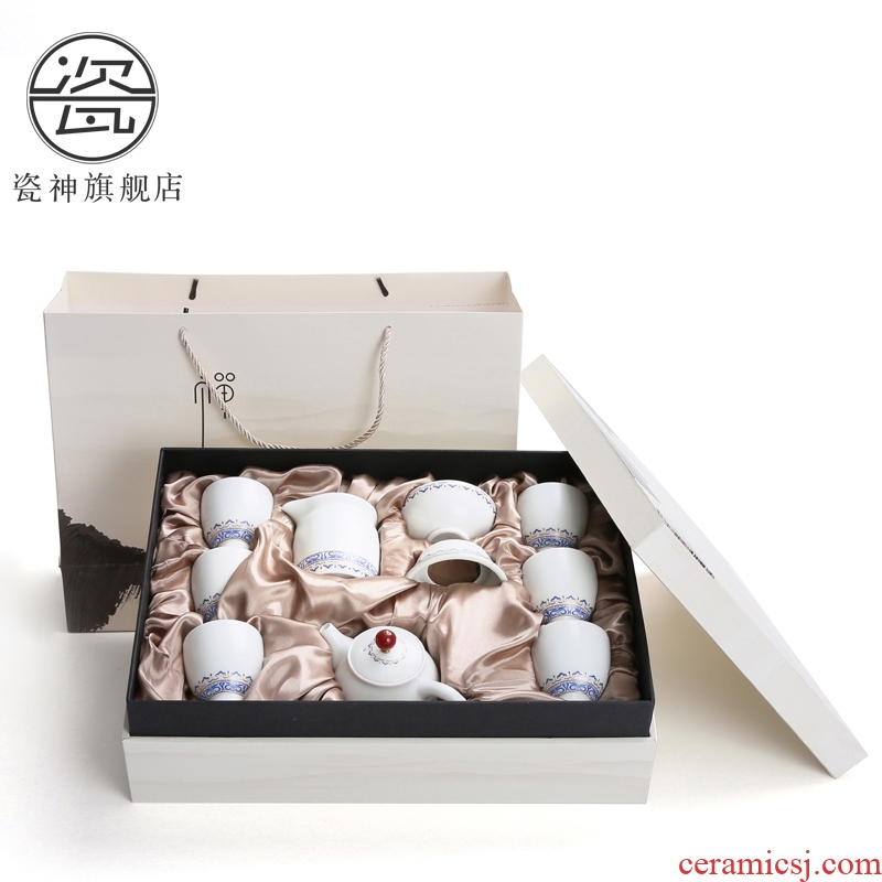 Porcelain god gift boxes of a complete set of matte ethnic wind household ceramics kung fu tea set suit white porcelain teapot teacup contracted