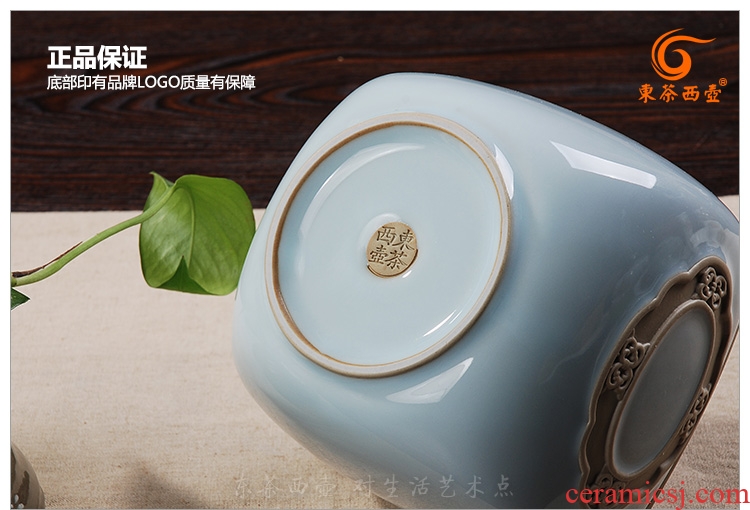 The great east west tea pot size ceramic POTS guanyao anaglyph kirin celadon seal Chinese black tea caddy size