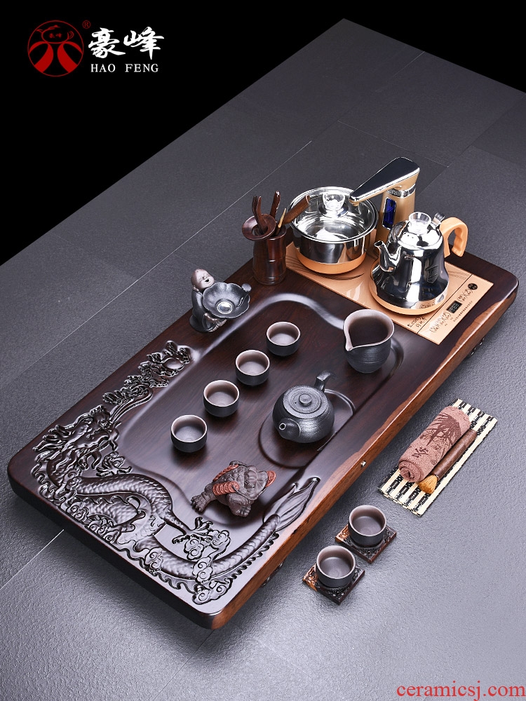 HaoFeng violet arenaceous kung fu tea set suit household ebony wood tea tray tea tea ceramic teapot teacup