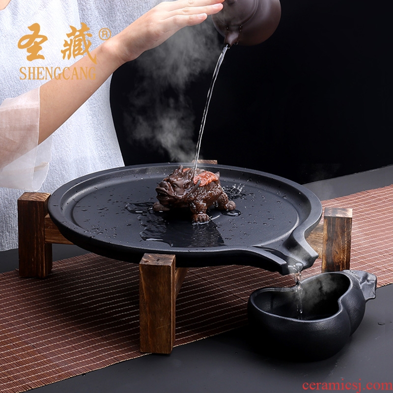 St, Tibetan tea tray millstones household contracted ceramic dry set round kunfu tea set tea sea solid wood tea saucer dish