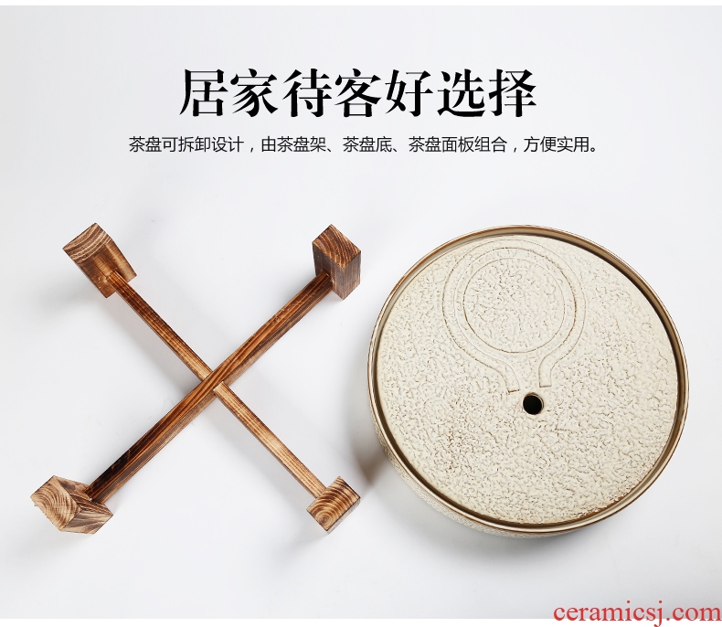 Bin DE stone mill ceramic round antique solid wood tea tray, dry tea set a large pot of 12 water drainage water