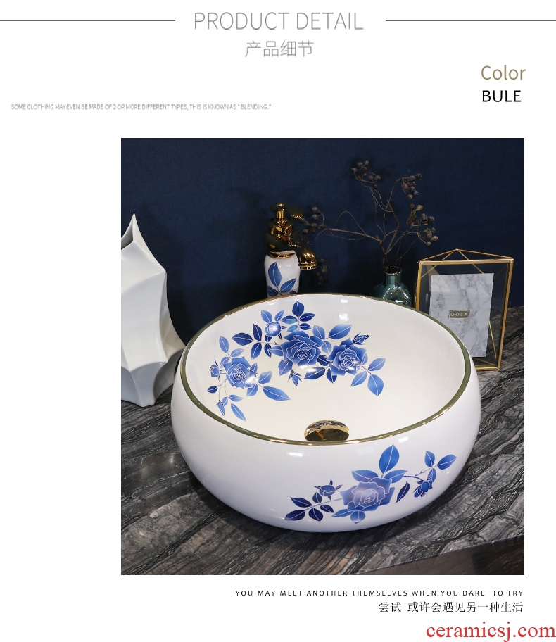 Simple fashion stage basin ceramic lavabo blue roses lavatory oval face basin bathroom art basin