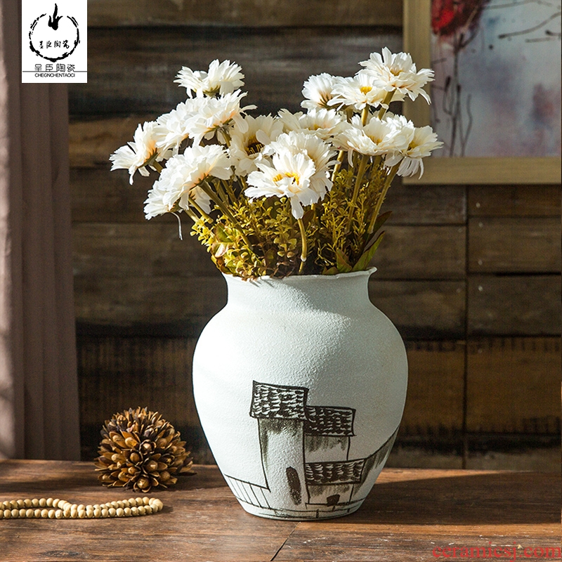 Jingdezhen ceramic bottle retro nostalgia dried flower vase originality and furnishing articles coarse pottery art pottery white decorations