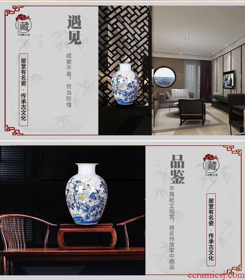 Famous master of jingdezhen ceramics hand-painted paint large blue and white porcelain vase peony Chinese sitting room adornment is placed