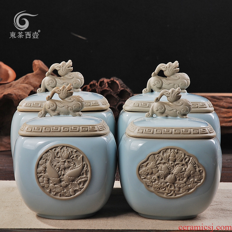 The great east west tea pot size ceramic POTS guanyao anaglyph kirin celadon seal Chinese black tea caddy size